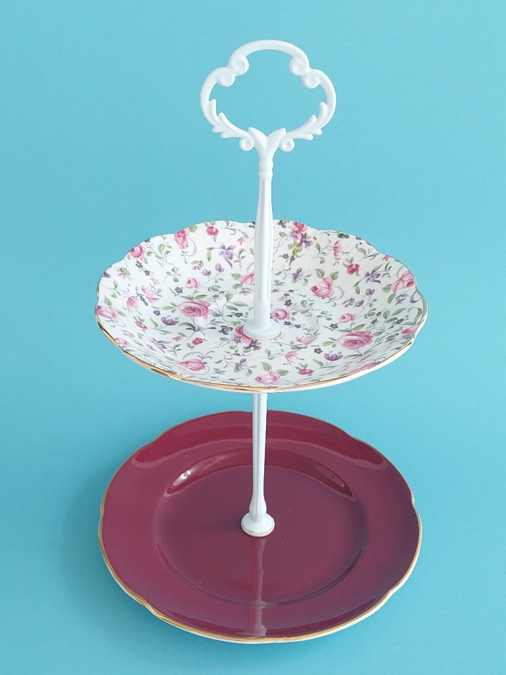 Vintage Mismatched 2-Tier Bone China Cake Stand Burgundy & Pink Floral